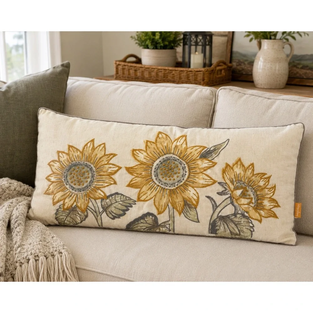 LovingKindness Sunflower Embroidered Lumbar Throw Pillow 28x13 Zippered Cover